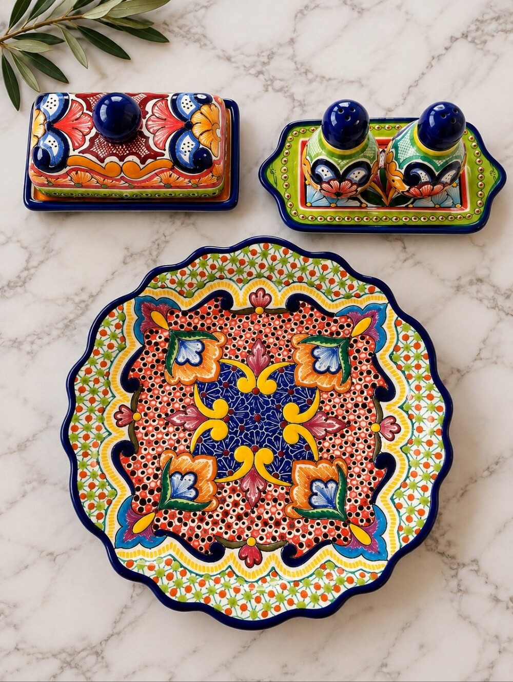 Mexican Pottery Butter Dish Salt Pepper Shakers And Decorative Wall Plate Cobalt